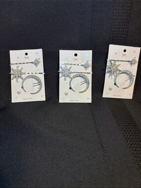 Silver tone Crystal Moon & Star Hairpin - set of 3- Women's Sparkle Accessories